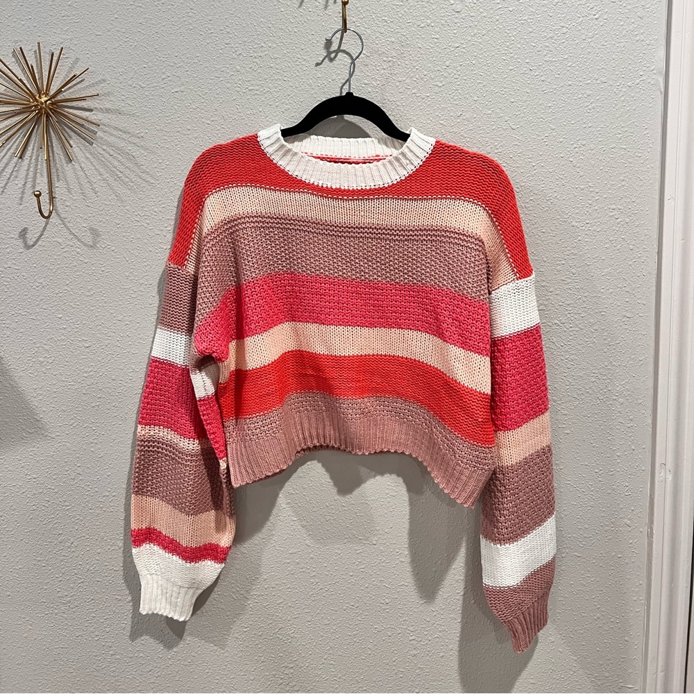This pink stripped sweater, soft, crew neck, somewhat cropped